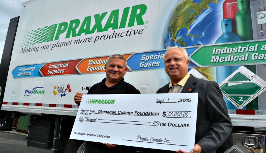<who> Photo Credit: contributed. </who> Praxair Canada's B.C. Interior Sales Manager Rod Zawyrucha and Okanagan College Foundation Development Officer John Haller. 