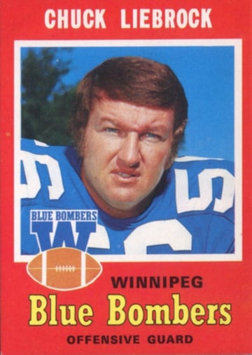 <who> Photo Credit:O-Pee-Chee </who>Chuck Liebrock as a Winnipeg Blue Bomber circa 1971