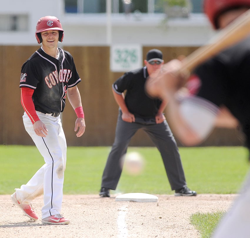 <who>Photo Credit: Lorne White/KelownaNow </who>Davis Todosichuk of the OC Coyotes hit a single and a double and scored three times on Saturday while raising his CCBC championship tournament batting average to .500 (9-for-18).