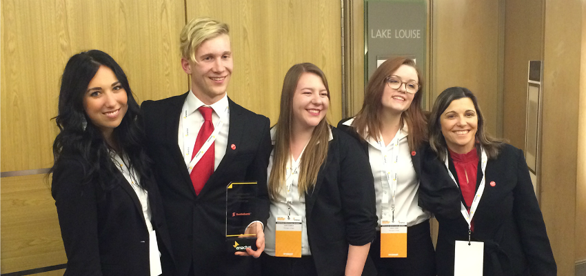 The Enactus Team which competed in the Scotiabank Challenge brought home first place. From L to R: Cassandra McColman, Cooper Simson, Carly Suddard, Talasa Harder, Kyleen Myrah (Faculty Advisor).