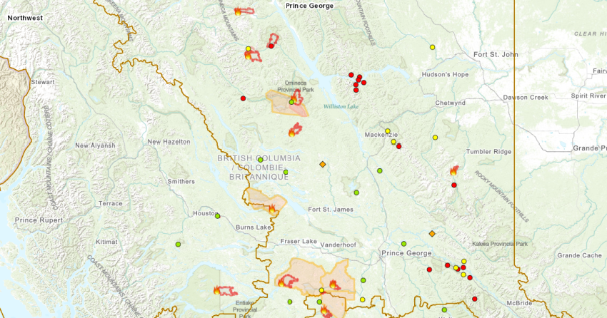 <who> Photo Credit: BC Wildfire dashboard / Map showing the locations of the eight wildfires of note in the Prince George Fire Centre.
