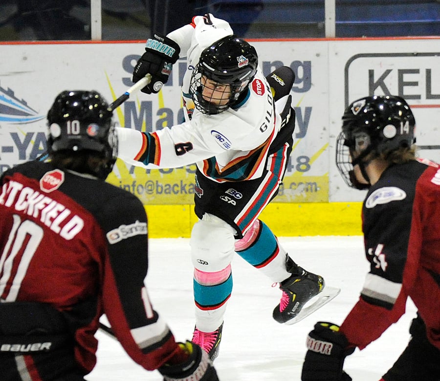 <who>Photo Credit: Lorne White/KelownaNow </who>Defenceman Scott Gilowski returned from the Penticton Vees of the BCHL to make a major contribution to a pair of OK Rockets wins on the past weekend.