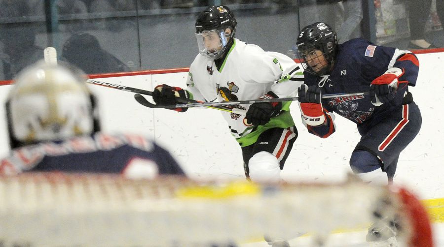 <who>Photo Credit: Lorne White/KelownaNow </who>Defenceman Liam Drager goes on the offence in the high-scoring third period.