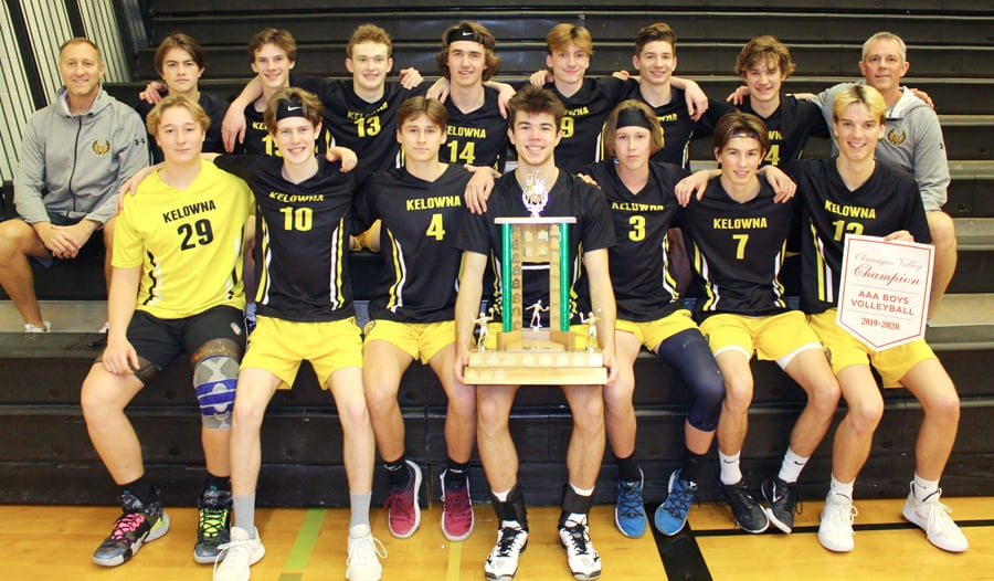The Kelowna Owls completed an undefeated season in Okanagan Valley senior AAA boys volleyball with a victory over the Okanagan Mission Huskies in the Valley championship tournament at KSS. Members of the team, ranked No 2 going into the B.C. School Sports provincial championship event in Langley beginning on Wedensday are, from left, front: Mason Sodaro, Josh Bermel, Wilson Holland, Braden White, Owen Waterhouse, Dawson March, and Tyson Embree. Back: Mike Sodaro (head coach), Rylan Ibbetson, Thys Weststrate, Ethan Braam, Riley Brinnen, Max McDonald, Jayden Lalonde, Connor Dojohn and Brady Ibbetson (assistant coach).