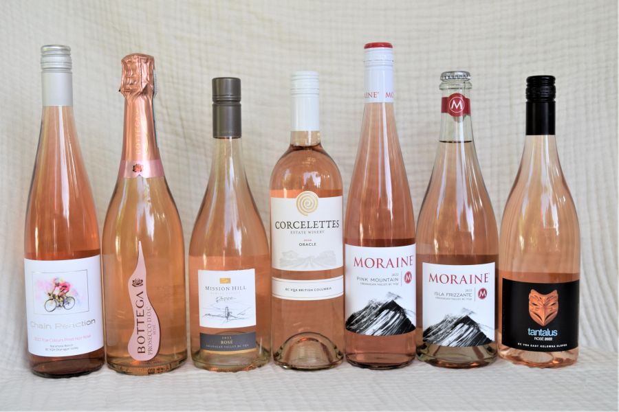 </who> National Rose Day is tomorrow. Celebrate by cracking open anyone of these exceptional bottles of pink. From left, Chain Reaction 2022 True Colours Pinot Noir Rose ($27), Bottega Rose Prosecco ($21), Mission Hill Reserve 2022 Rose ($26), Corcelettes Oracle 2022 Rose ($25), Moraine Pink Mountain Rose 2022 ($27), Moraine Isla Frizzante 2022 ($28) and Tantalus 2022 Rose ($24).