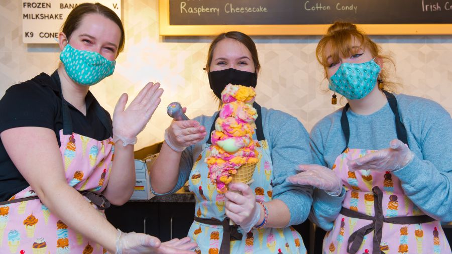 <who>Photo Credit: NowMedia</who>Jessica MacLean, Nataliya Morezewich and Julia McKibbon show off a seven-scooper