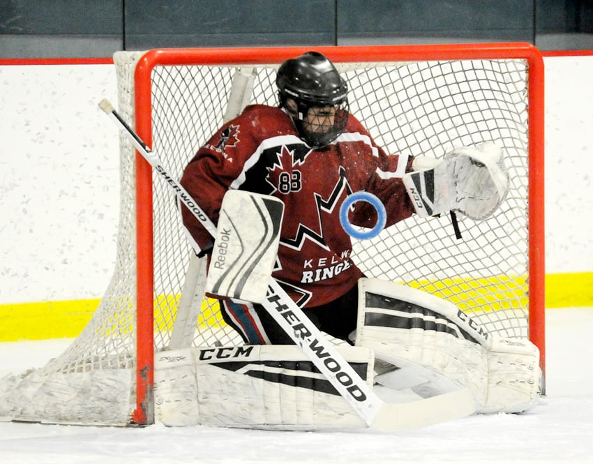 <who>Photo Credit: Lorne White/KelownaNow </who>Kelowna Elite's Sajan Kandola had to come up with several huge saves to record a shutout in the final.