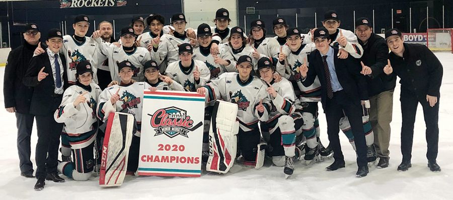 The Okanagan Rockets won six straight games to capture the first Okanagan Classic minor midget hockey title on the weekend at the CNC. Members of the team are, from left, front: Holdin Getzlaf, Wilson Maxfield, Austin Roest, Carter Schmidt, Ethan Reynaud and Mason Finley. Standing: Eric Blais (head coach), Rhett Hamilton, Ethan King, Luke Krybla (trainer), Kailus Green, Russel Kosec ( hidden), Isaak Moore, Remy Spooner, Nolan Thomas, Nolan Matthews, Charlie Lockhart, Tristan Weill, Dain Levesque, Matt Graham, Adam Bourgeois, Parker Konneke, Ryan Parent (assistant coach) and Carter Rhine (assistant coach).