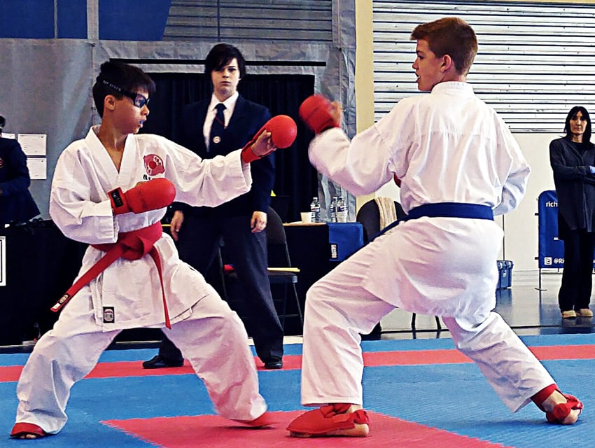 <who>Photo Credit: Contributed </who>Destin Giang, left, and Jacob Vodarek of the Taneda Dojos competed in the kumite final, with Vodarek coming away with the gold.