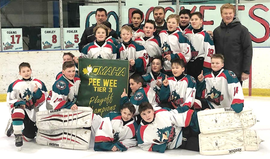 <who>Photo Credit: Contributed </who>The Kelowna Peewee Tier 3B Rockets will represent OMAHA at the BC Hockey tier 3 provincial championship tournament in Powell River. Members of the team are, from left, front: Nolan Calderwood and Nicholas Hann. Kneeling: Evan Fehler, Lukas Sisson, Kelsen Podworny, Dylan Cawley, Lukas Kaiser, Ty Quang and Kody Krivoshein. Standing: Elliott King, Braeden Leach, Leo Biafore, Kenyan Price, Keegan McCoy, Theo Partrick, Euan McAndrew and Jett Toye-Fudger. Coaches: Doug Sisson, Steve Cawley and Chad Biafore.