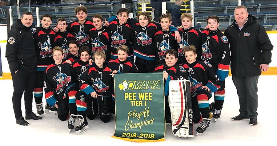 <who>Photo Credit: Contributed </who>The Kelowna Peewee Tier 1 Rockets swept the Kamloops Blazers in a best-of-three OMAHA final series to earn the right to represent the zone at the BC Hockey championship tournament. Members of the team are, from left, front: Jake Sogstad, Max Finley, Aiden Bruce, Callum Stone, Ryder Ritchie, Conner Nicolson and Ruben Stone, Back: Byron Ritchie (head coach), Lynden Lakovic, Christopher Kilduff, Jaxsin Vaughan, Maddix McCagherty, Corbin Vaughan, Seth Tansem, Ethan MacKenzie, Kaslo Ferner, Ryan Richardson and Jason Tansem (assistant coach). Missing: Jason Stone (HCSP) and Dylan Adams