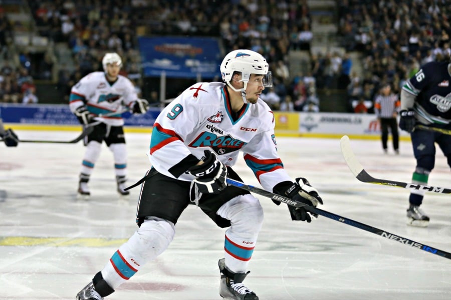 <who>Photo Credit: KelownaNow</who>Tanner Wishnowski created the opportunity for the Rockets' first goal, and played a strong game all-around.