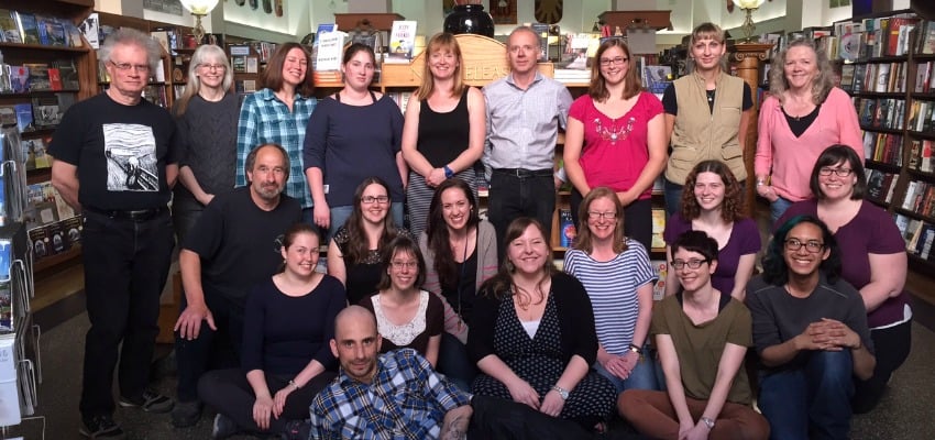<who> Photo Credit: Munro's Books. </who> The staff of Munro's Books in 2015. 