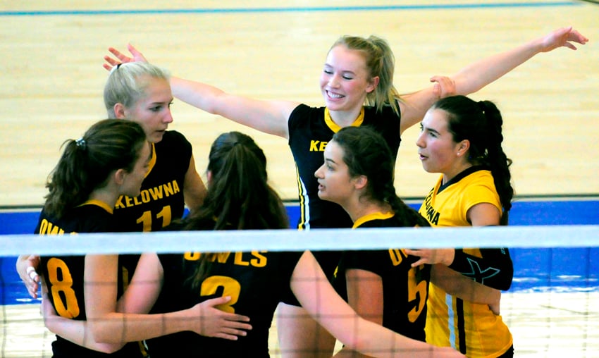 <who>Photo Credit: Lorne White/KelownaNow </who>Celebrating a key point against Elliot (clockwise): Karleigh Podolsky, Hannah Pagliaro, Sydney Hope, Amelia Anderson, Sophie LaChapelle and Madelyn Hettinga