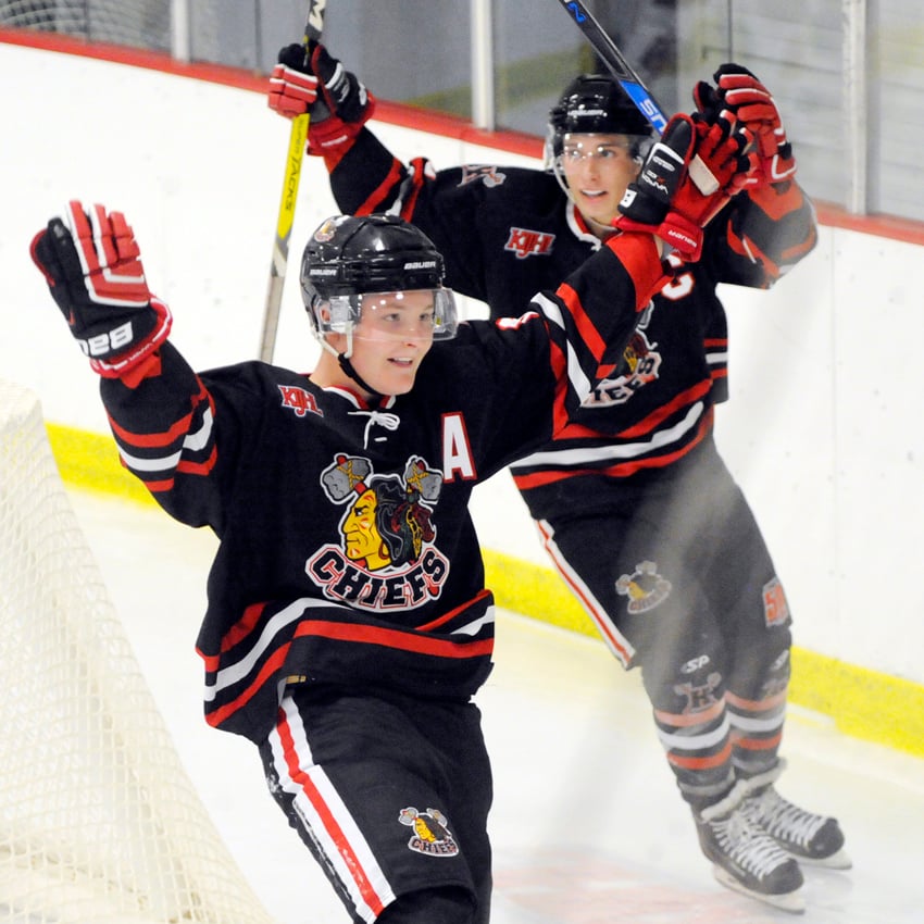 <who>Photo Credit: Lorne White/NowMedia </who>Brody Dale, left, will rejoin Brett Witala, right, and Chiefs for the remainder of the KIJHL season.