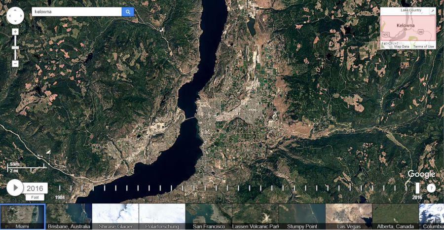 <who>Photo Credit: Google Earth Engine</who>Kelowna in 2016.