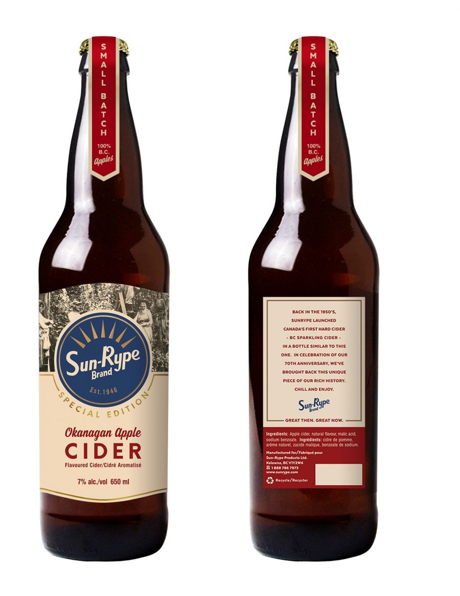 <who> Photo Credit: SunRype Products </who> SunRype launches a special edition Okanagan Apple Cider to celebrate 70 years. 