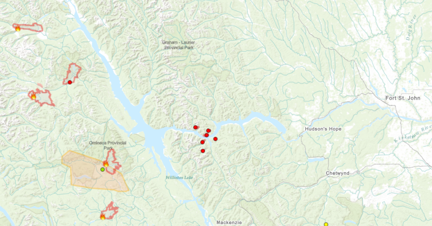 <who> Photo Credit: BC Wildfire dashboard / (From top to bottom, marked with flames) Forres Mountain, Black Pine, Mount Porter, Klawli Lake