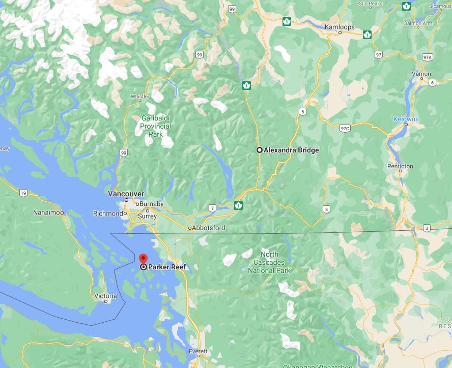 <who>Photo Credit: Google Maps</who>Neufeld's car was found abandoned under the Alexandria Bridge, while his body was pulled from the Salish Sea off of Parker Reef 4 months later.