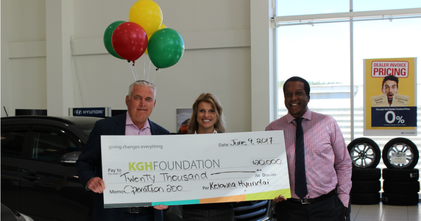 <who>Photo Credit: KGH Foundation. Pictured from left: John Kot, Owner, Kelowna Hyundai and Buy Direct Truck Centre; Allison Ramchuck, Senior Development Officer, KGH Foundation; Sam Ghessesow, General Manager, Kelowna Hyundai</who>