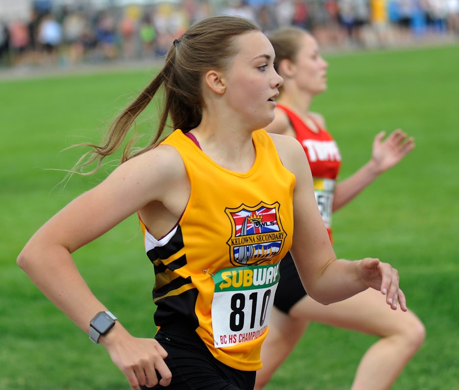 <who>Photo Credit: Lorne White/KelownaNow </who>Grade 11 Lindsay Maier of KSS came back from injury to place sixth in tje 400-metre dash and help the Owls win gold in the 4x100 relay.