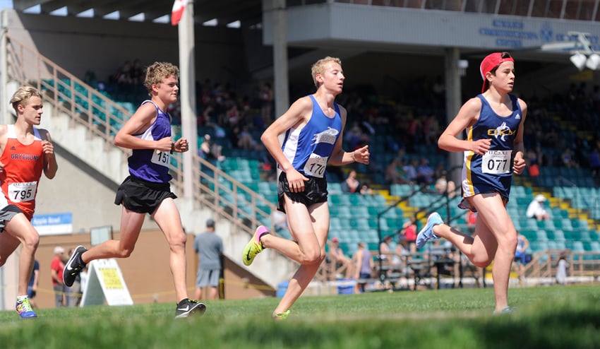 <who>Photo Credit: Lorne White/KelownaNow </who>OKM's Jacob Harris, right, raced to first place in both the senior 1,500-metre and 3,000-metre events. Keagan Ingram (170) of Summerland finished first overall in this 3,000-metre race and claimed the junior championship. Michael Schriemer (157) of KCS was the top Grade 8 runner in the 3,000. On the left is Aberdeen's Jasper Stone, second among the seniors. 