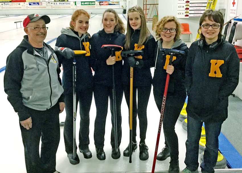 <who>Photo Credit: Contributed </who>Finishing with a 5-3 record, the Kelowna Owls earned a bronze medal at the B.C. School Sports provincial girls curling championship in Smithers. members of the team are, from left, Bob Harris (coach), Katelyn McGillivray, Grace Milligan (alternate), Erika Ellis (second), Anna Trigalet (third) and Naiomi Hayward (lead).