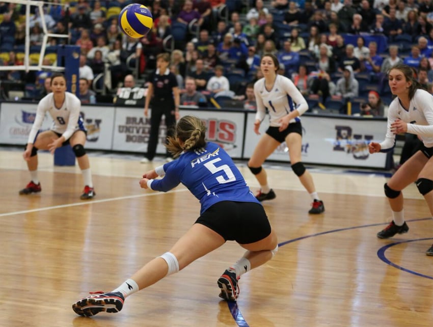 <who>Photo Credit: Heat Athletics </who>Kailin Jones of Kelowna digs the ball in the bronze-medal match against the UBC Thunderbirds.