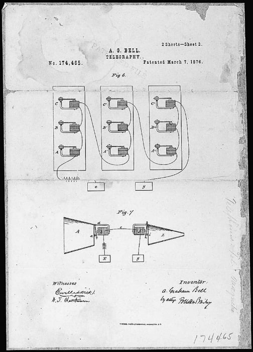 <who> Photo Credit: National Archives and Records Administration </who> Alexander Graham Bell's telephone patent drawing, March 7th, 1876.