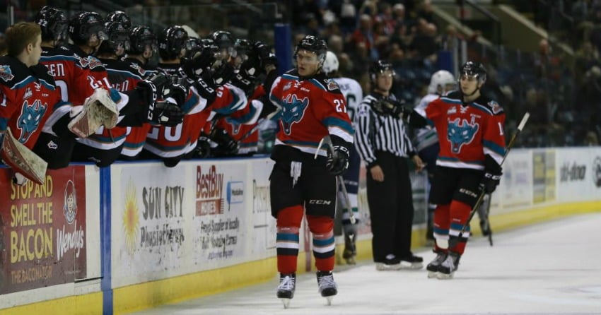 <who>Photo Credit: KelownaNow</who>Thurkauf celebrates a goal against the Seattle Thunderbirds on December 7th.