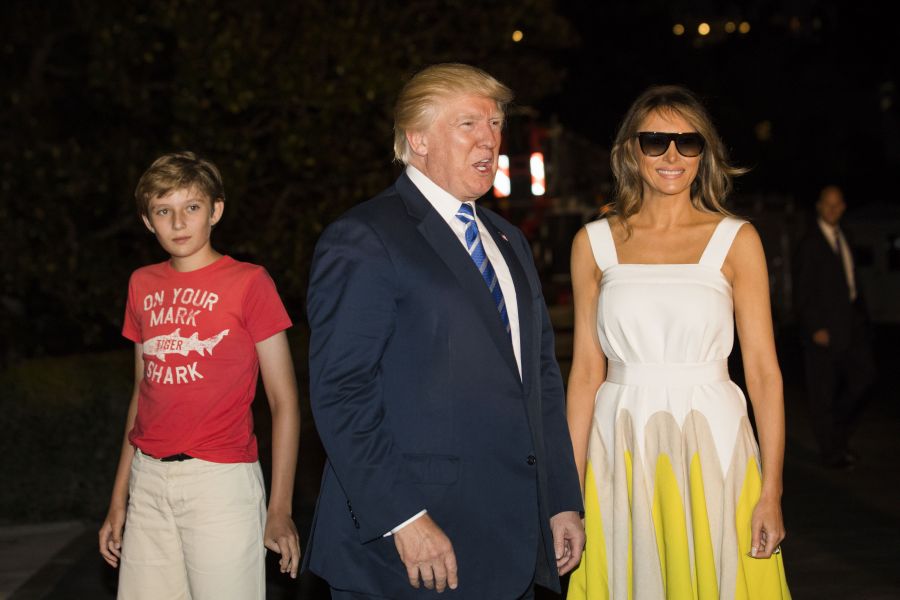 Barron Trump was seen wearing a shirt that said "On your mark, Tiger Shark."