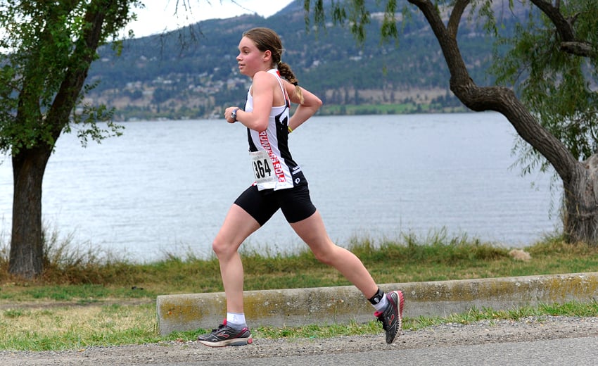 <who>Photo Credit: Lorne White/KelownaNow.com </who>Chantel Jeffrey, 13, of Blind Bay, B.C. was the first finish among the female runners in the Hard Knox Challenge.