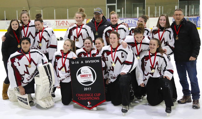 <who>Photo Credit: KelownaNow </who>The Kelowna Elite defeated the Delta Rage 3-1 in the final game to earn a gold medal in the U16A division at the Sweetheart tournament on the weekend. Members of the championship team are, from left, front: Sajan Kandola, Hailey Quiring, Brenna O'Flynn, Athena MacLeod, Chelsea Statham, Brianna Panagos and Jessye Large. Back: Caitlin Pineau (coach), Geneva Wuthrich, Sara MacMillan, Erin Tanner, Todd MacMillan (coach), Emily Stewart, Bianca Panagos, Kylie Brown and Michael Wuthrich (coach)