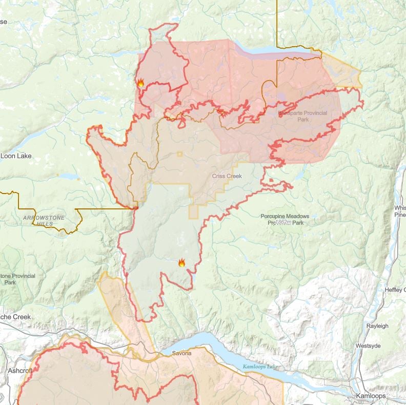 <who>Photo Credit: BCWS</who>The Sparks Lake wildfire's perimeter just northwest of Kamloops.