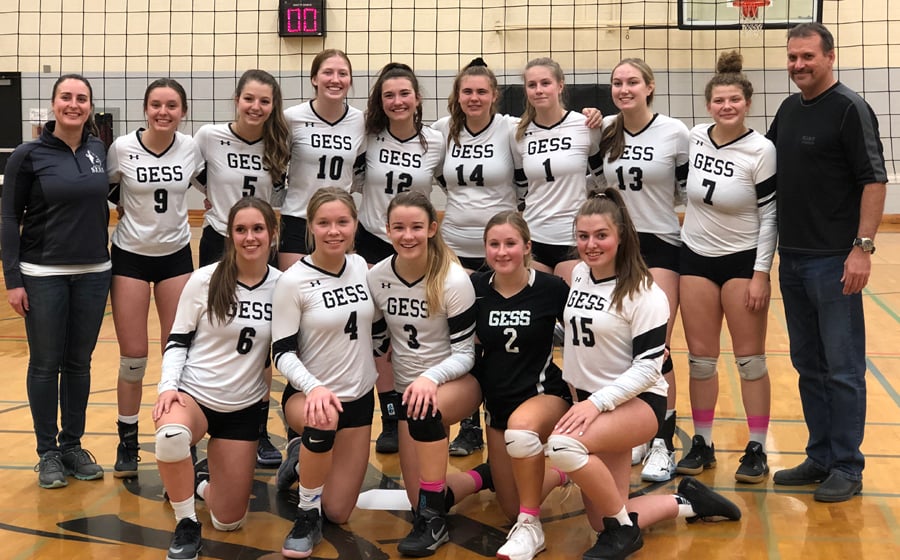 The George Elliot Coyotes won their first Okanagan Valley senior girls' volleyball championship in more than 20 years recently and will be the No. 1 representative from the zone at the B.C. School Sports AA championship tournament in Vernon beginning on Thursday. Members of the team are, from left, front: Jessye Large, Jasanna Kunz, Tessa Ivans, Thea Ley and Hunter Libke. Back: Kristina Stefanek (coach), Madelyn Killingsworth, Kelbrai Mellum, Georgia Maclean, Lily Spannier, Kazzidy Gunn, Chloe Ladd, Amy Heggs, Sheena Macfarlane and Doug Meraw (coach).