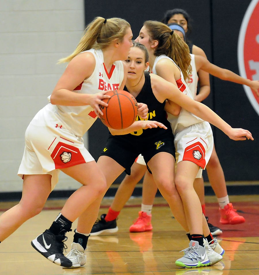 <who>Photo Credit: Lorne White/KelownaNow </who>Grade 12 Rylee Semeniuk, here defending against Mt. Boucherie's Gracey Larsen, will be relied upon as a leader for the 2019-20 Owls.