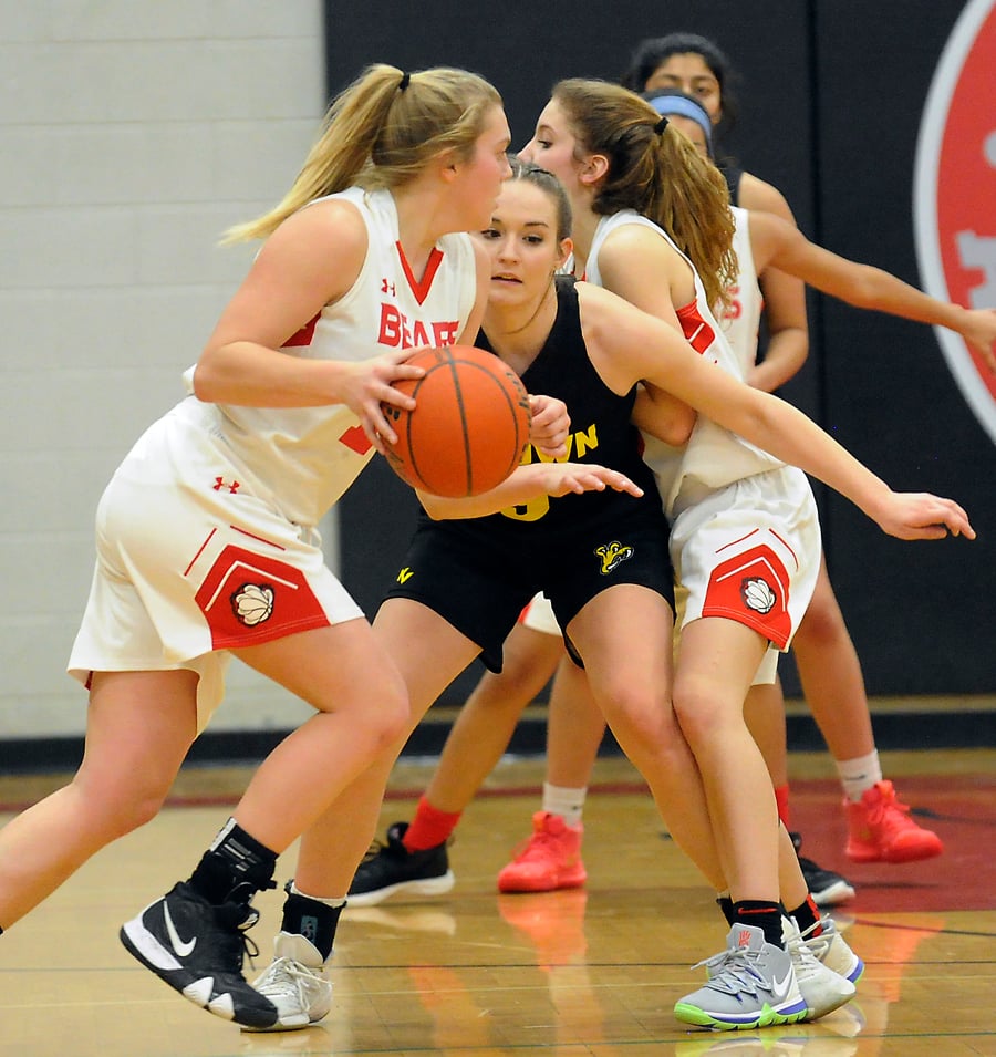 Grade 12 Rylee Semeniuk, here defending against Mt. Boucherie's Gracey Larsen, will be relied upon as a leader for the 2019-20 Owls.