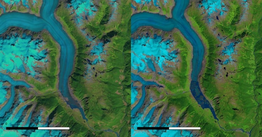 <who>Photo Credit: UNBC</who>Satellite images showing snout of Klinaklini Glacier in late summer 2000 and 2018, a similar period of time as the current study.