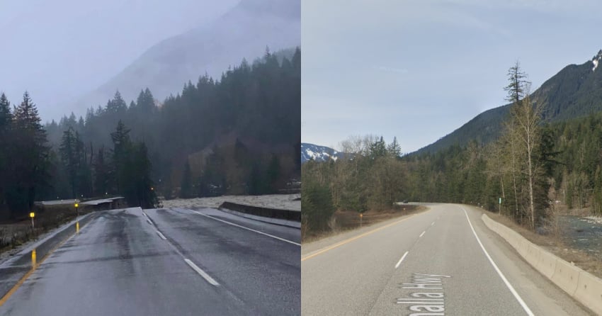 <who>Photo Credit: Tyler Brown/Google Maps</who>A photo of the Coquihalla washout (L) and a Google Streetview image that shows what the road typically looks like.