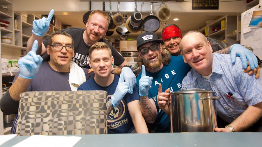 <who>Photo Credit: NowMedia/Gord Goble</who> Cooking soup (Jerome far right)