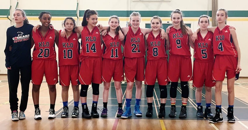 <who>Photo Credit: Contributed </who>The KLO Cougars won three of four games on the way to a second-place finish at the B.C. Grade 9 girls basketball championship in Vancouver on the weekend. Members of the team, coached by Heather Semeniuk and Jeff Begg, are, from left: Sophie Lachapelle, Jordan Thompson, Brooke Barcelona, Sydney Obst, Olivia Koch, Kristina Hardy, Kassidy Day, Rylee Semeniuk, Morgan Begg and Katrina Fink.