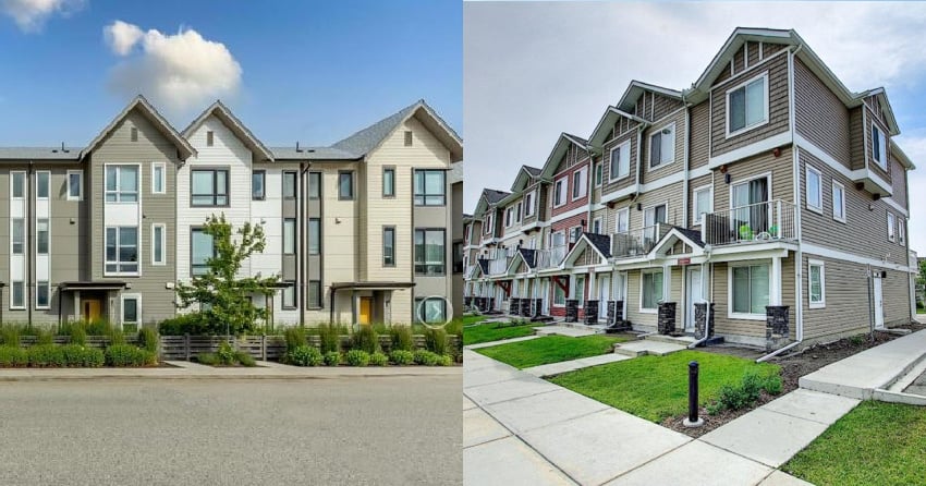 </who>The benchmark selling price of a standard townhouse in Kelowna is $783,500 (pictured, left), in Calgary $362,600 (pictured, right).