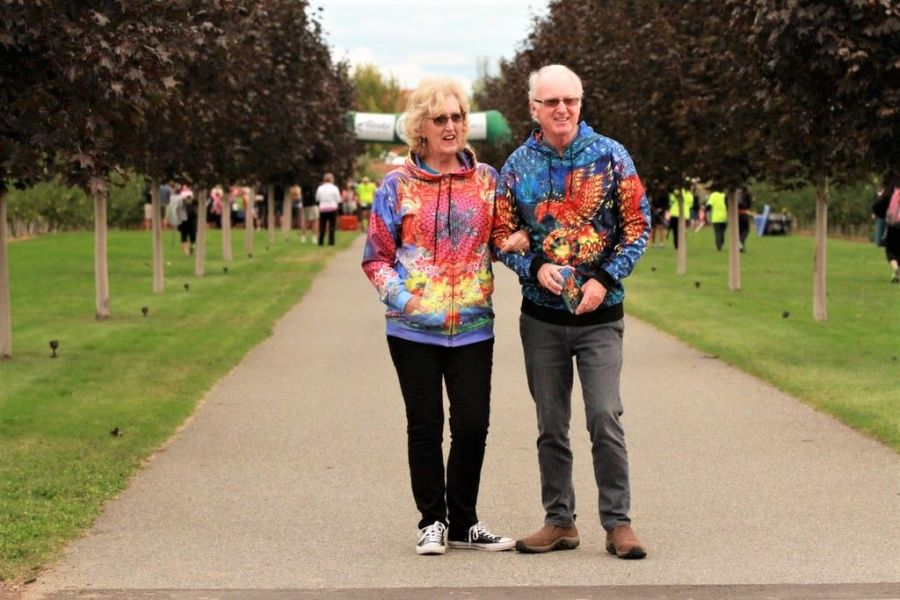 </who>In this photo from Facebook, Marion and Wyn Lewis, sporting hoodies with the same psychedelic patterns found on Vibrant Vine labels, are selling their East Kelowna winery.