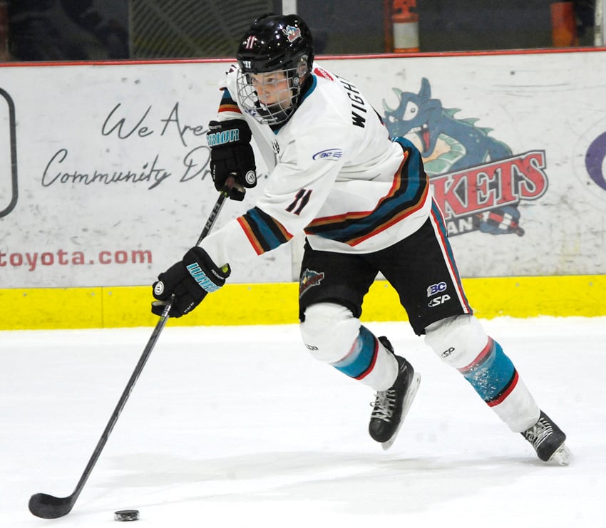 <who>Photo Credit: Lorne White/KelownaNow </who>Dylan Wightman scored his third goal of the season in Sunday's 6-3 victory at the CNC.