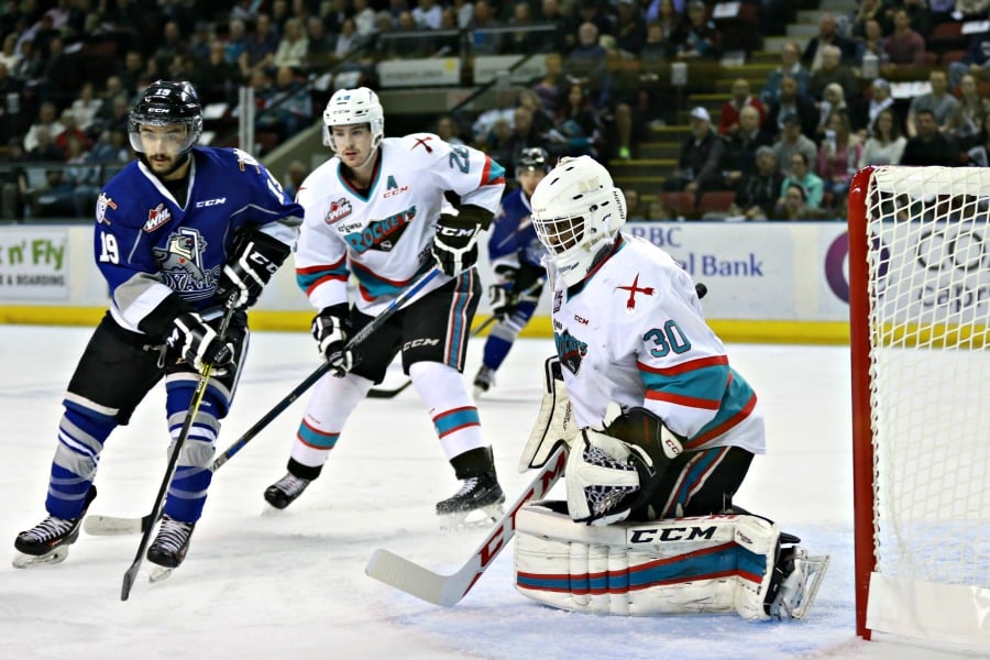 <who>Photo Credit: KelownaNow</who>Michael Herringer made some big saves for the Rockets, and has played well throughout the series.