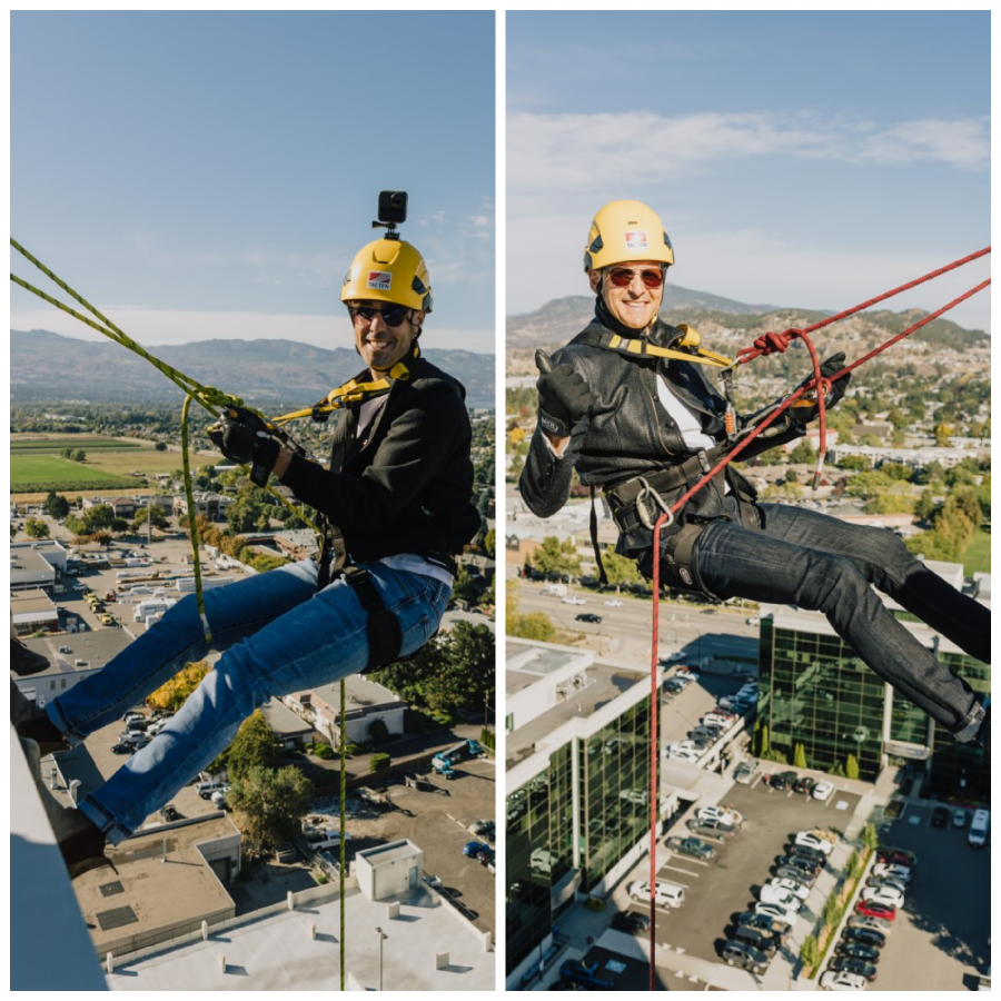 <who? Photo Credit : (Contributed) </who> Keith Brewster and Director Matt Hauge, of the Stober Foundation participate in Easter Seals Drop Zone event last month.