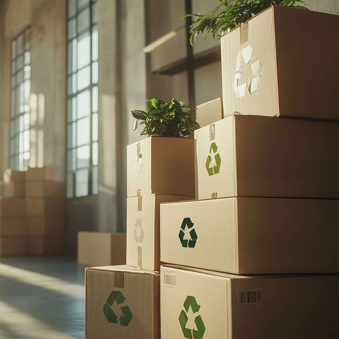 </who>Moving boxes with the recycle symbol on them.