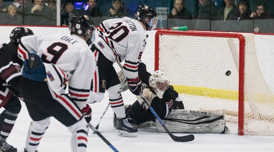Devin Sutton scores winner against Revelstoke on Friday at the Rutland Arena.