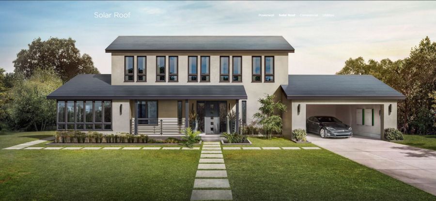 <who> Tesla </who> Rendering of household with Tesla solar tiles 