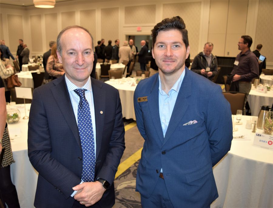 </who>Bank of Montreal chief economist Doug Porter, left, pictured here with Luke Turri, chairman of the Okanagan chapter of the Urban Development Institute, at the institute's Economic Outlook breakfast at the Coast Capri Hotel this morning.